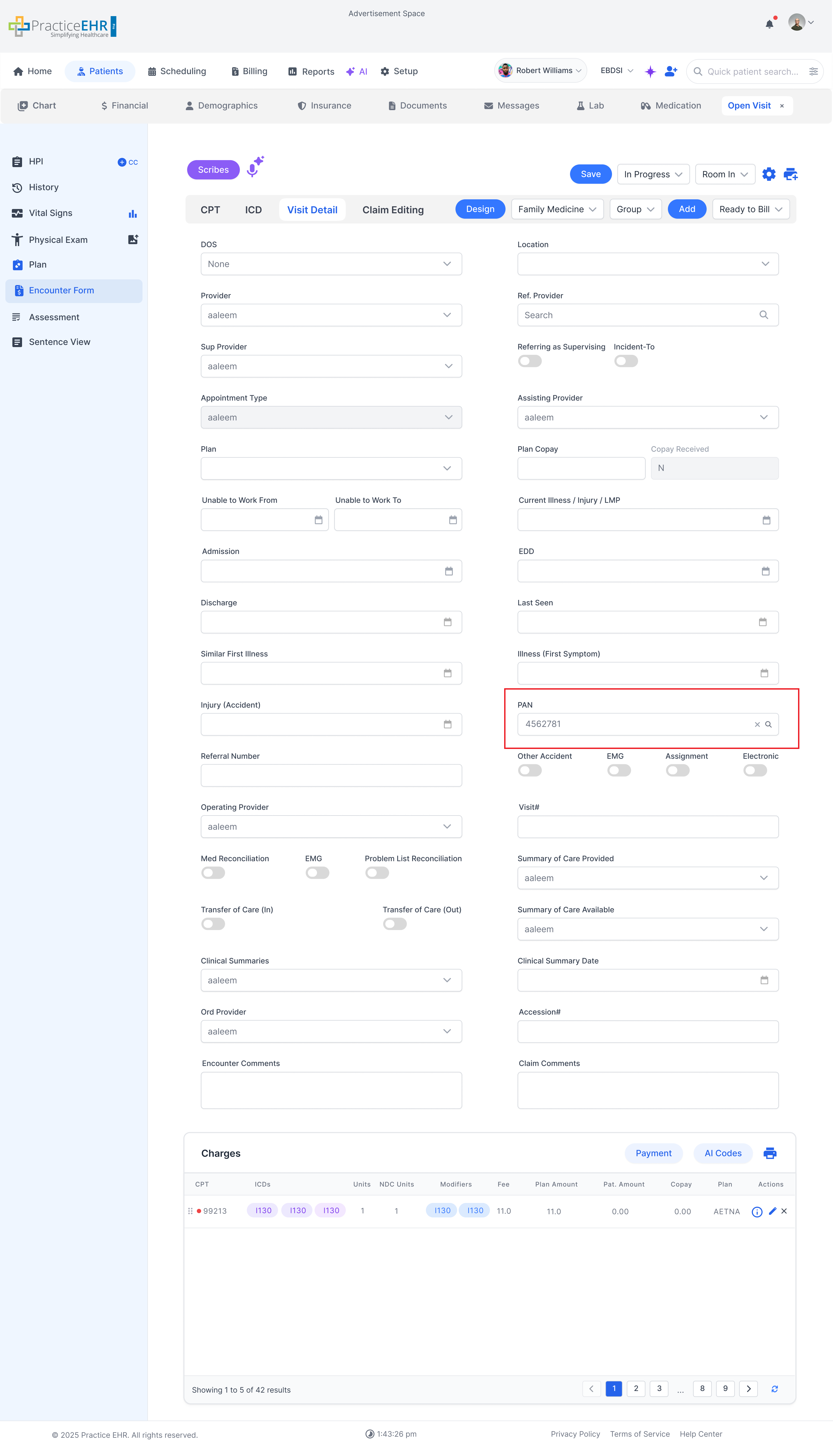 Visit Details screen showing pan Field search